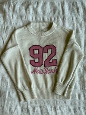 abercrombie kids Cream Crewneck Sweater with Pink '92' Graphic